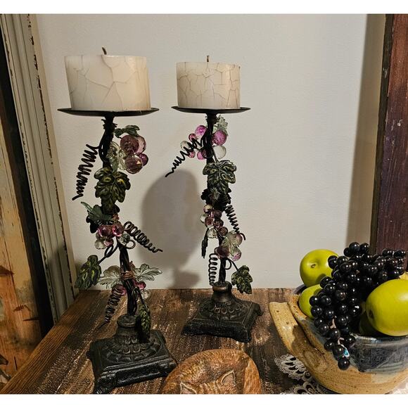 Set of 2 Iron/Metal Grapevine Pillar Candle Holders with Acrylic Lucite Grapes - Picture 10 of 10